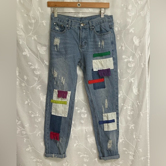 Upcycled Denim Jeans Boho Fabric Fringe Embellishments Distressed Sz M EUC - Picture 5 of 9